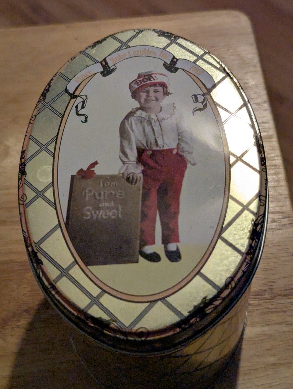 Bob's Old Fashion Candie's Silver Oval Candy Tin with Nutrition Label